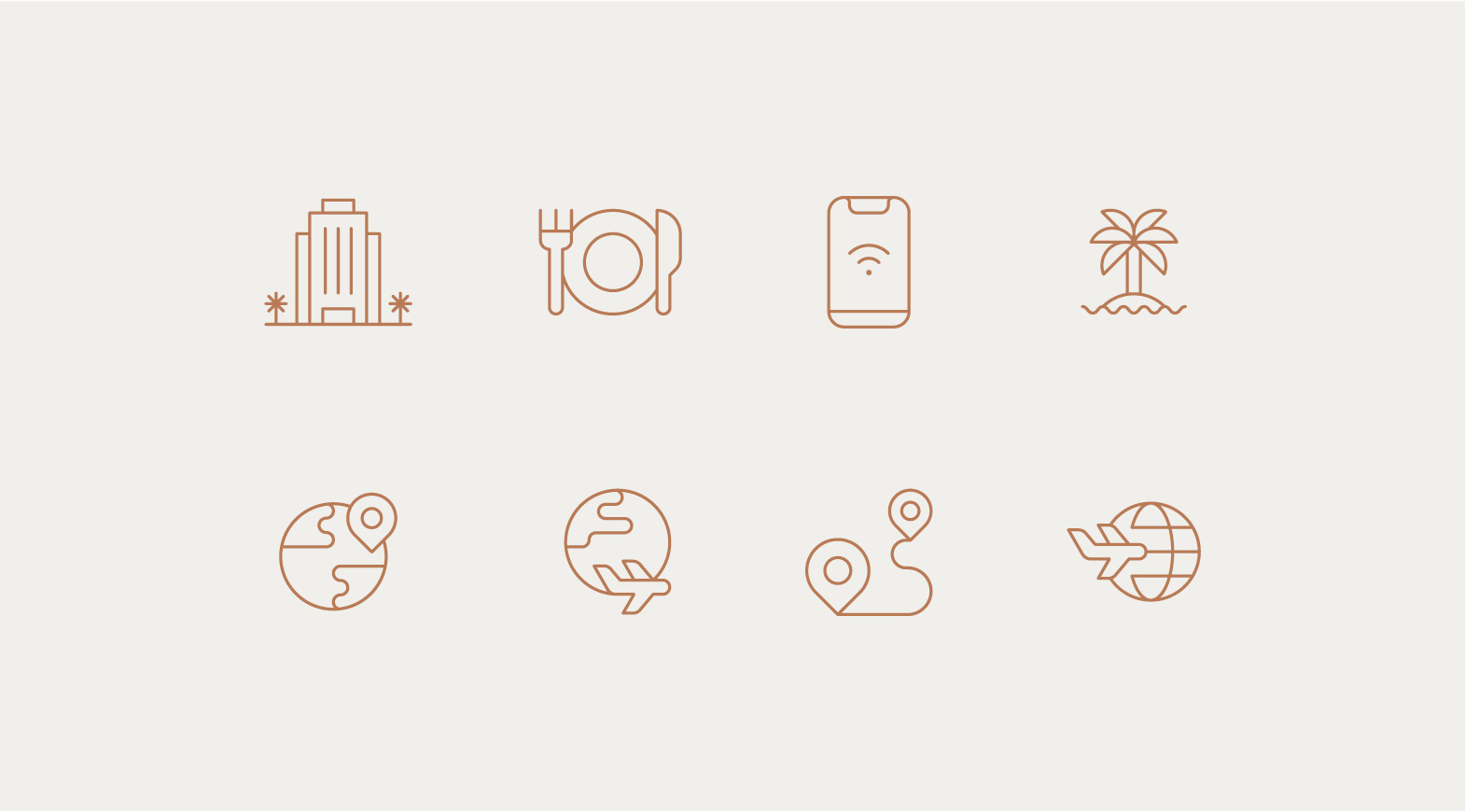 Luxury travel icons including dining, destinations, connectivity, and global aviation services