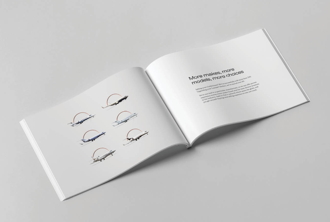 Jetcraft brochure spread showing multiple private jet models highlighting choice and global availability