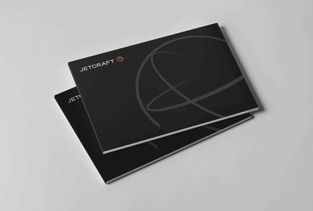 Jetcraft brand brochure cover featuring minimalist black design and refined global brand elements