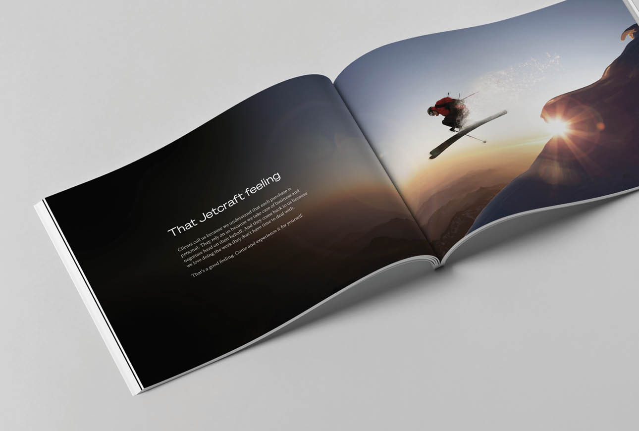 Jetcraft brochure spread with lifestyle action imagery representing performance, freedom and premium aviation experiences