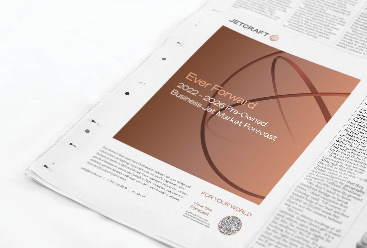 Jetcraft print advertisement featuring the Ever Forward 2022–2026 pre‑owned business jet market forecast