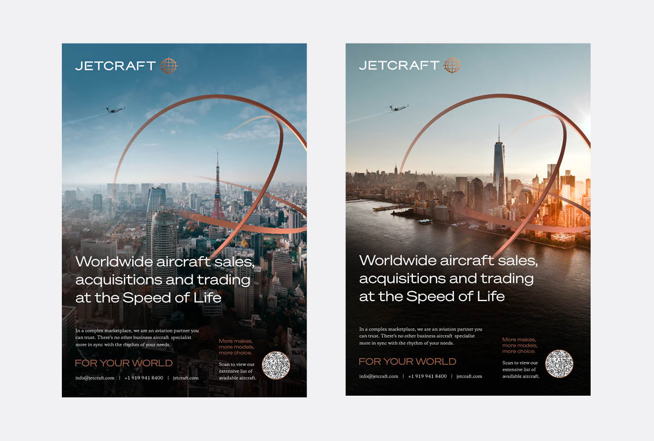 Jetcraft advertising visuals showing private jets over international city skylines with brand motion graphics