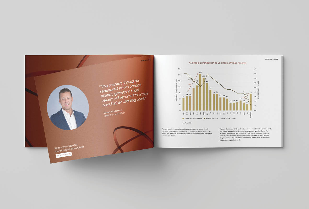 Editorial spread featuring executive commentary and aviation market data charts in Jetcraft forecast publication