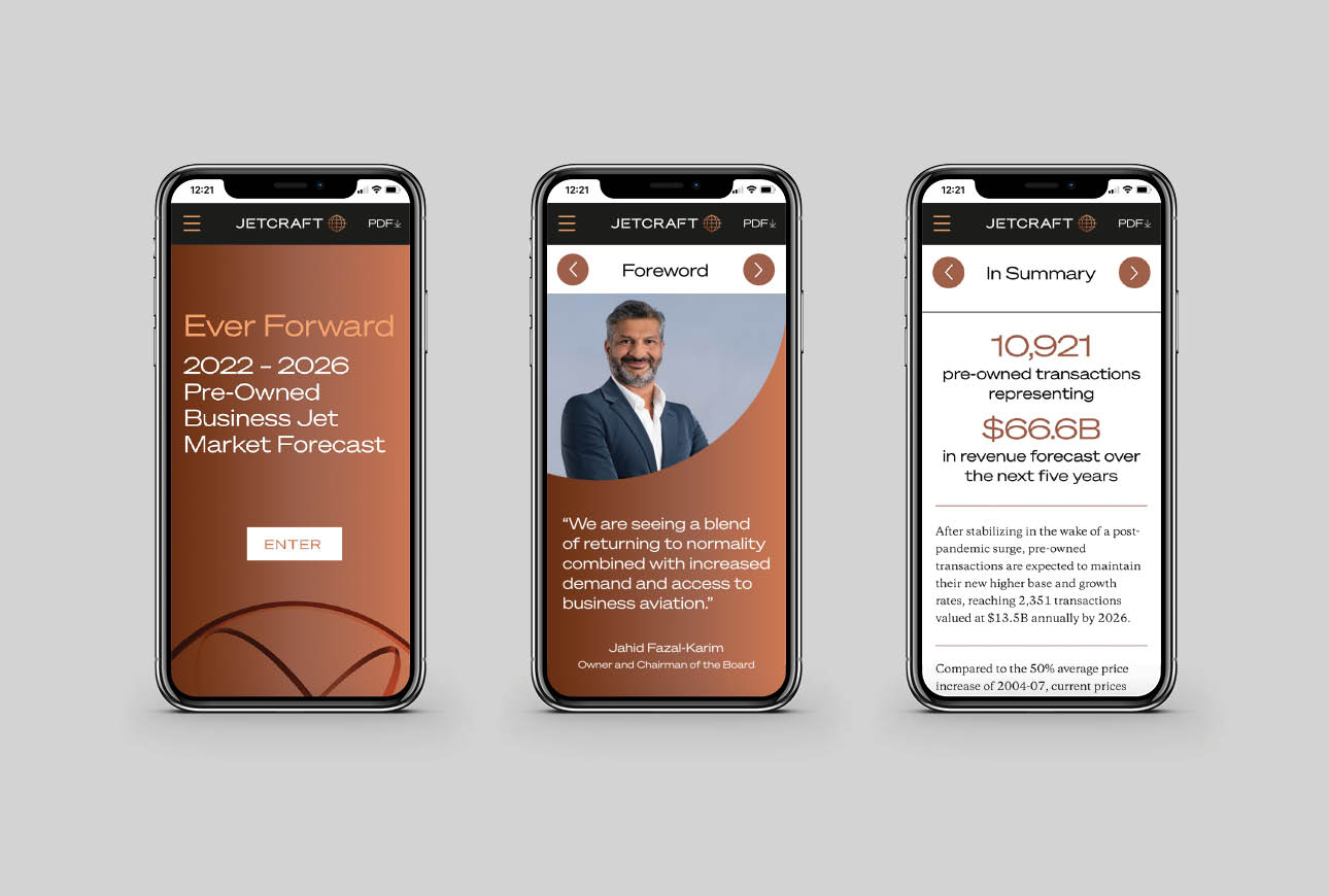 Mobile screens showing Jetcraft Ever Forward business jet market forecast data and editorial content