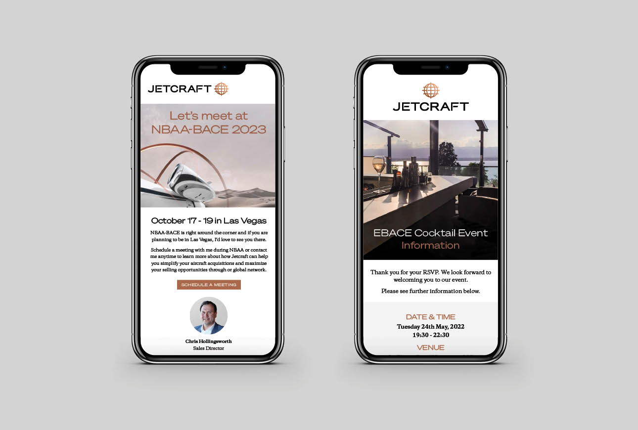 Jetcraft NBAA‑BACE event invitation and cocktail event email designs displayed on mobile screens
