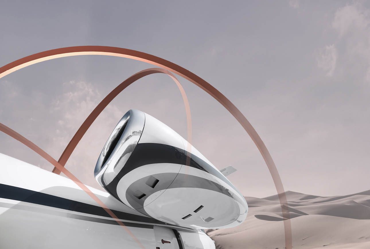 Close‑up of a luxury private jet with abstract motion graphic representing Jetcraft speed and global reach