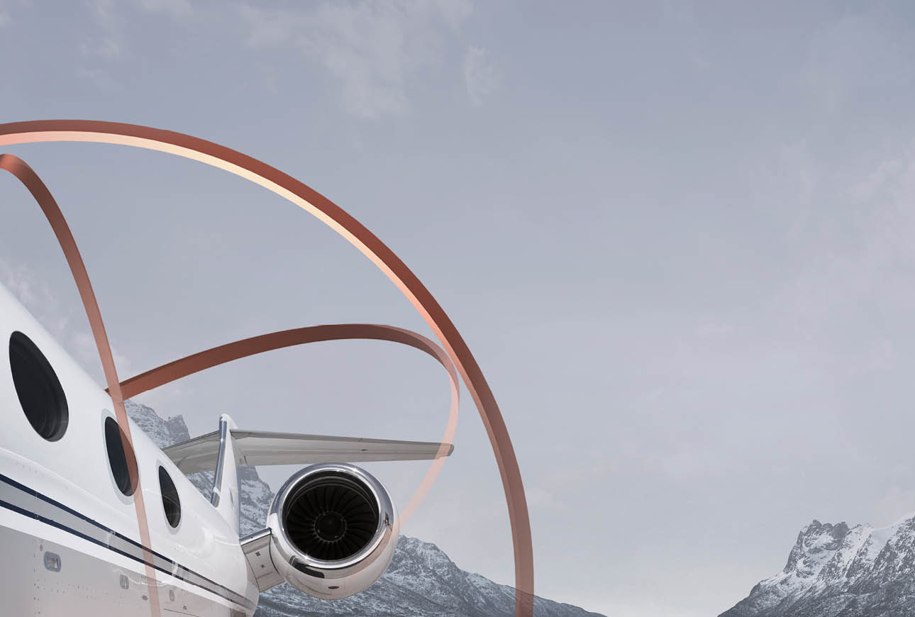 Close‑up of private jet engine and fuselage with abstract motion ribbon in a mountainous landscape
