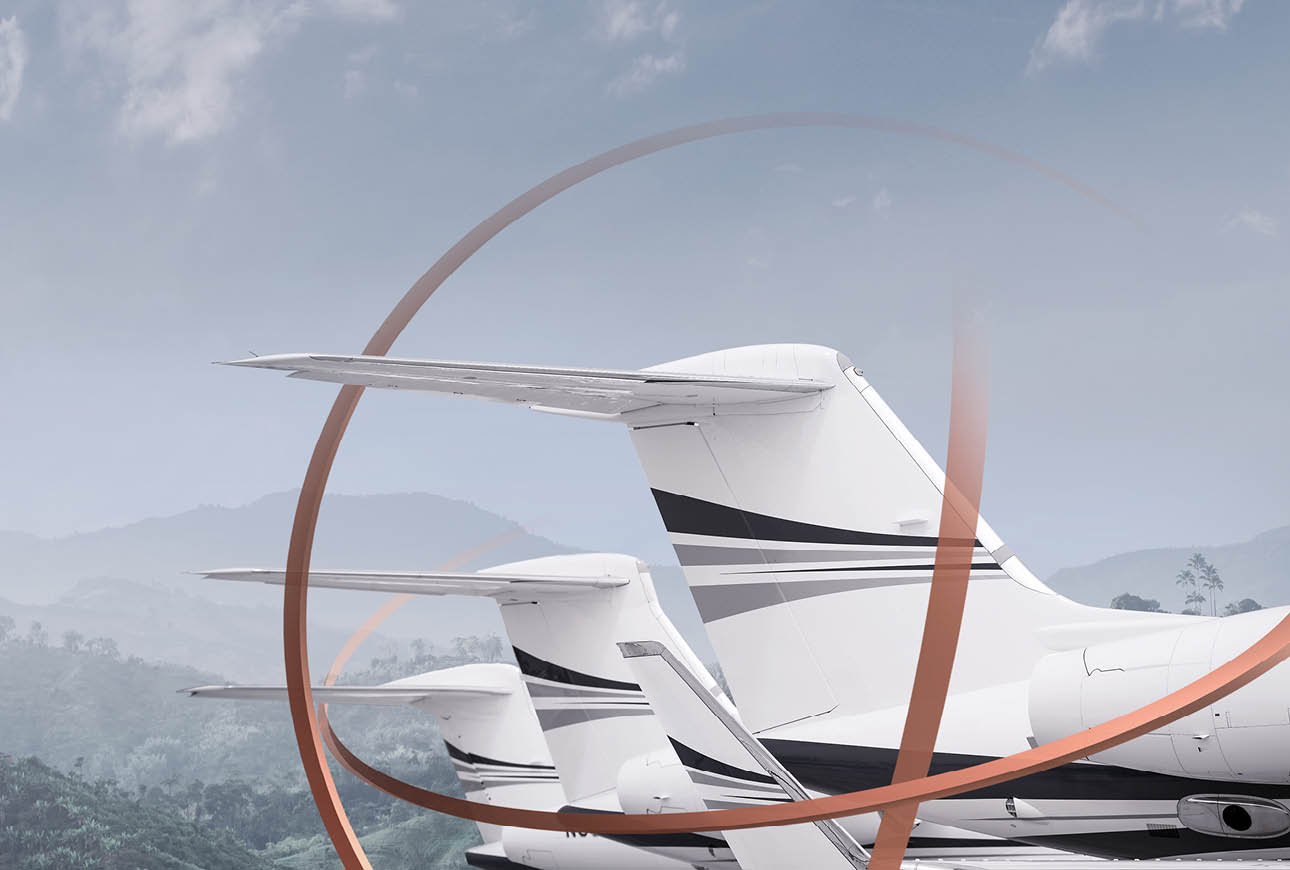 Line of private jet tail sections with dynamic ribbon graphic symbolising Jetcraft’s global aircraft sales network