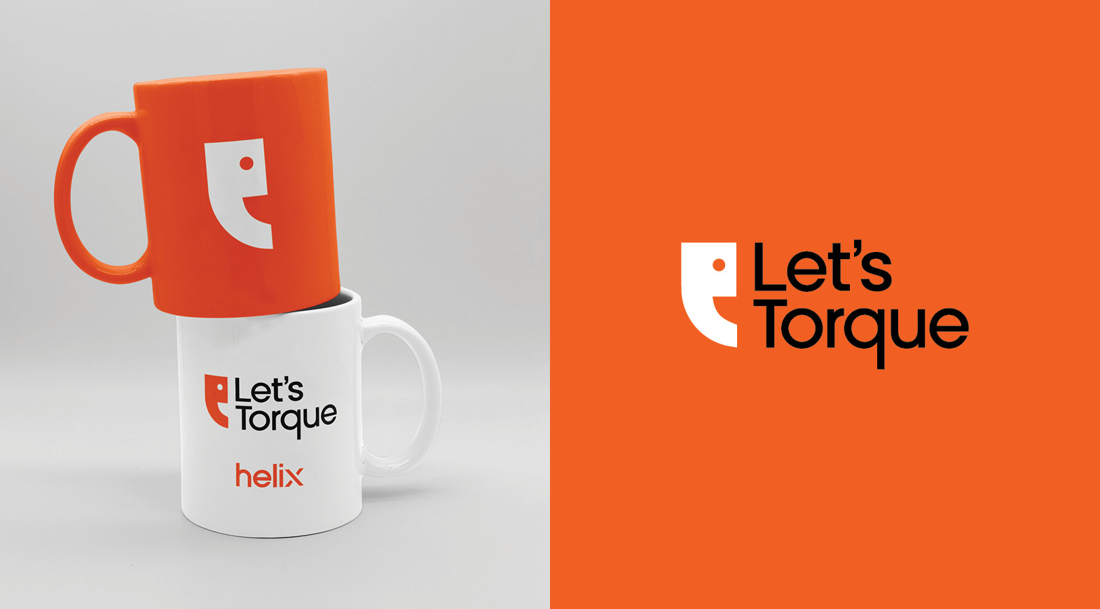 Let’s Torque logo applied to branded mugs in orange and white as part of the visual identity
