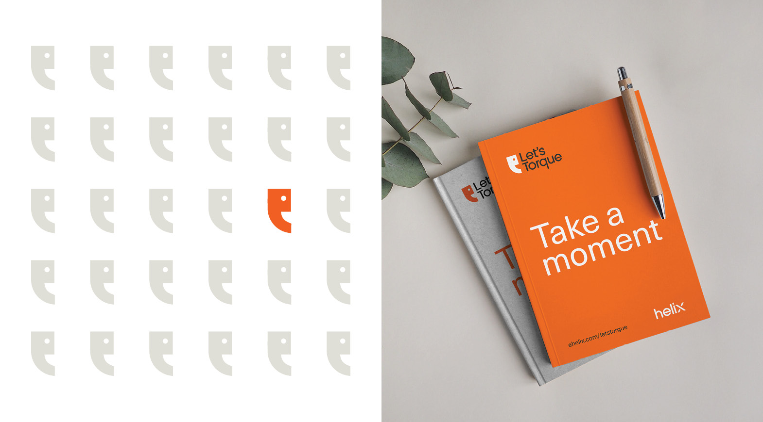 Let’s Torque branded notebooks and stationery featuring the brand pattern and orange colour palette