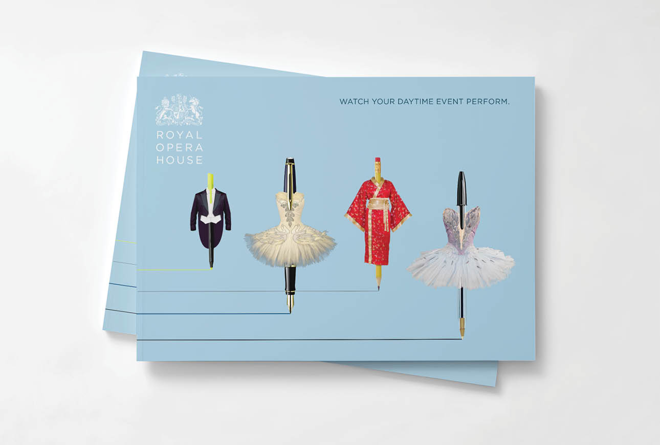 Stack of postcards with costume pencil designs and branding