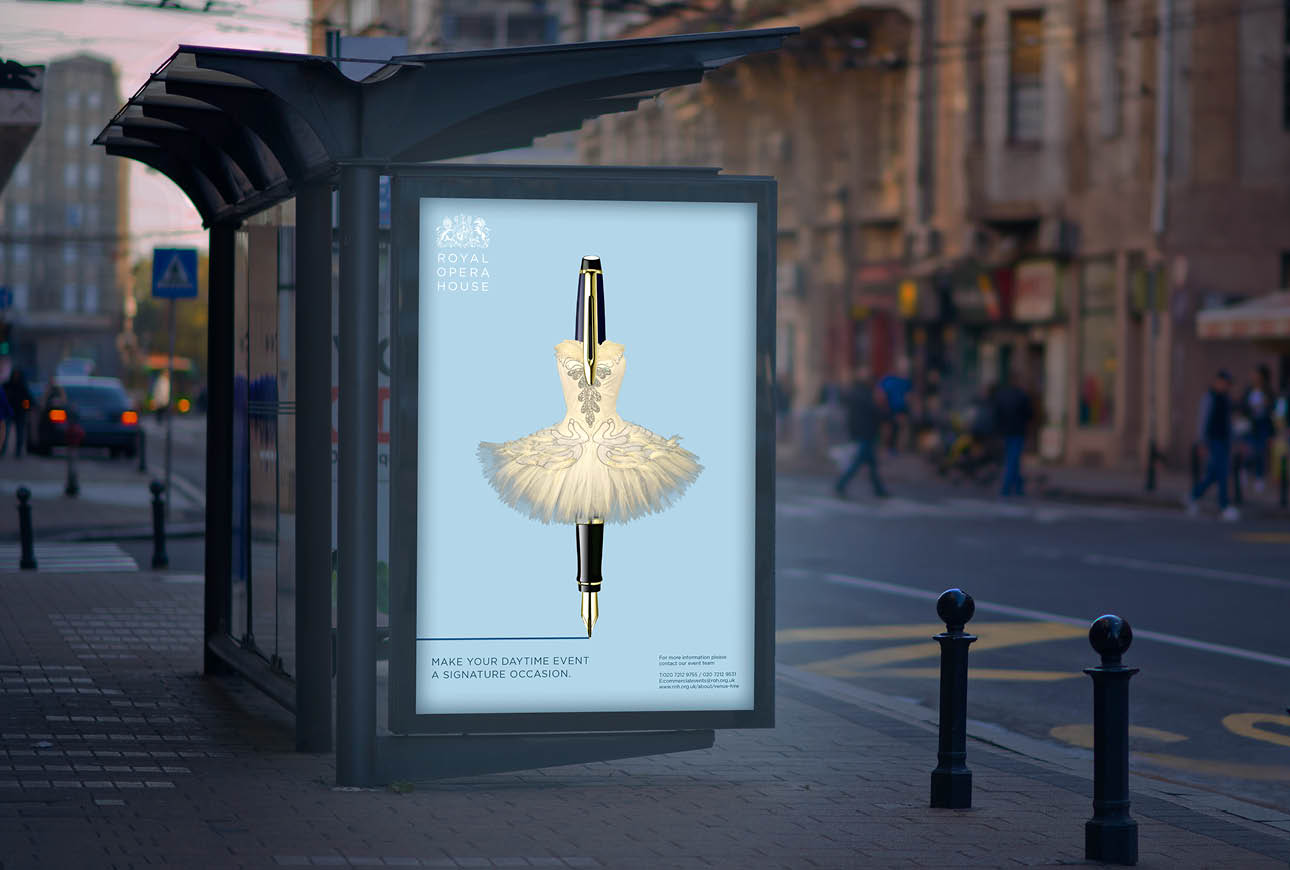 Bus stop advertisement showing ballet tutu pencil design