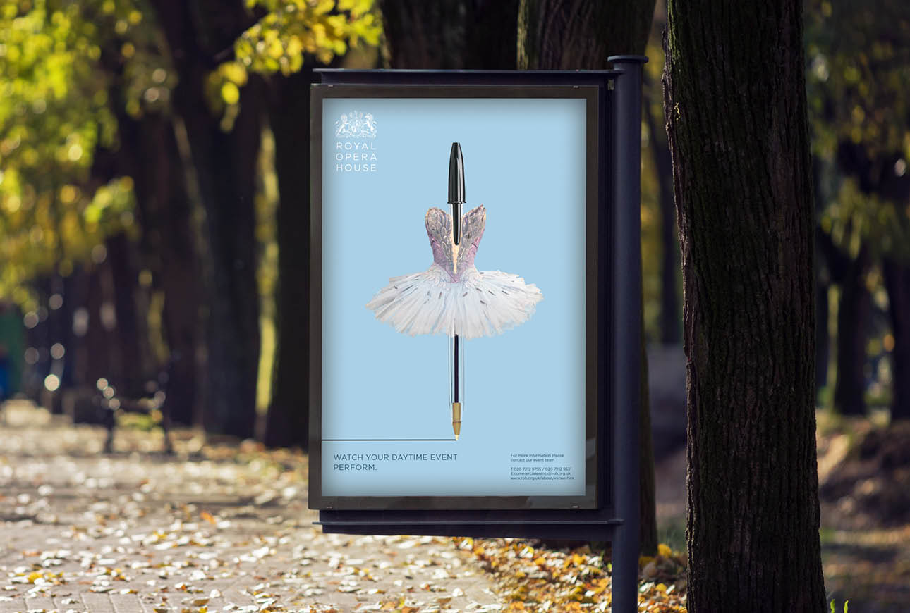 Poster showing white swan ballet costume pencil design in park