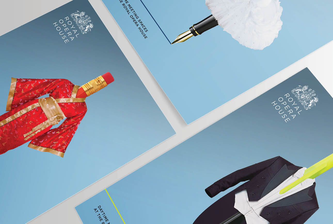 Printed campaign materials with costume pencil designs on blue background