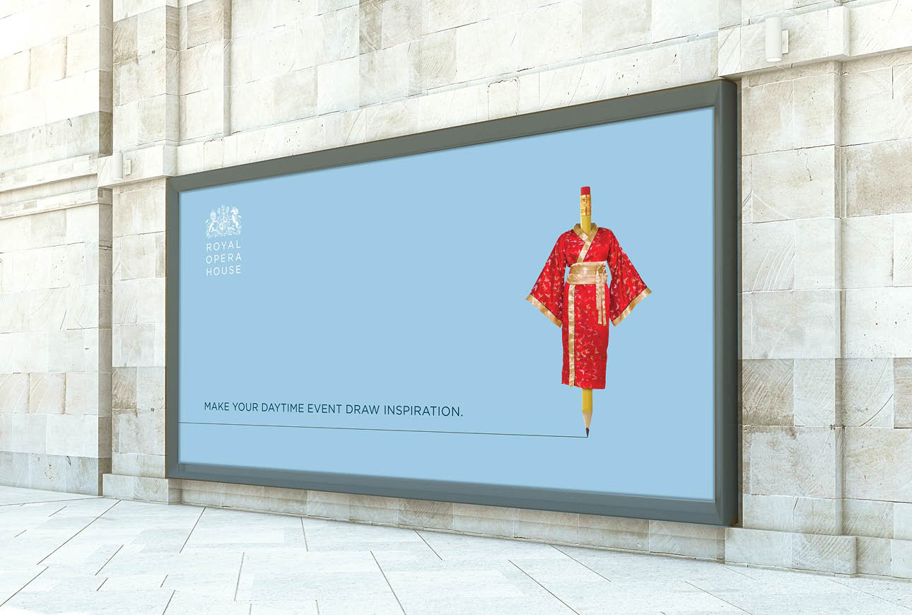 Large outdoor billboard with kimono pencil artwork and event messaging