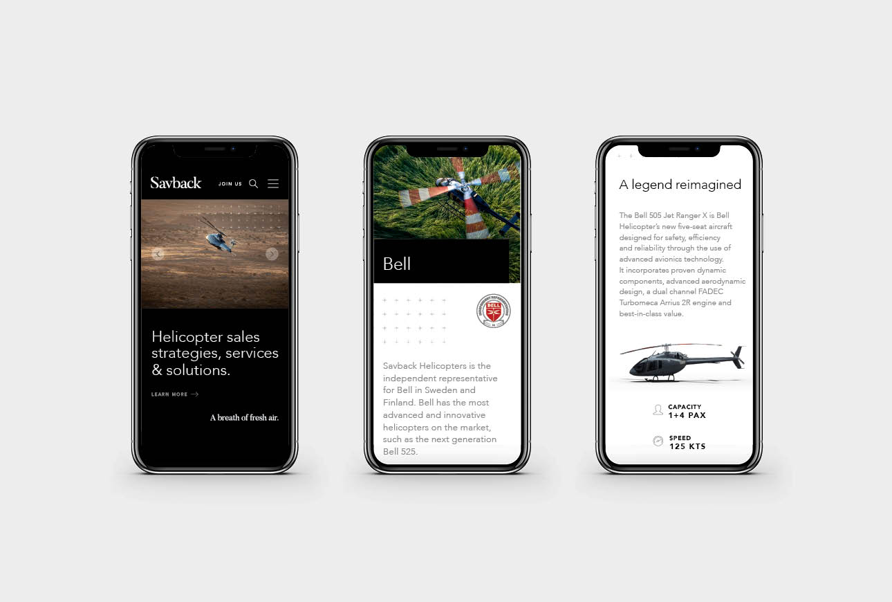 Savback mobile website design showing helicopter sales and aviation solutions