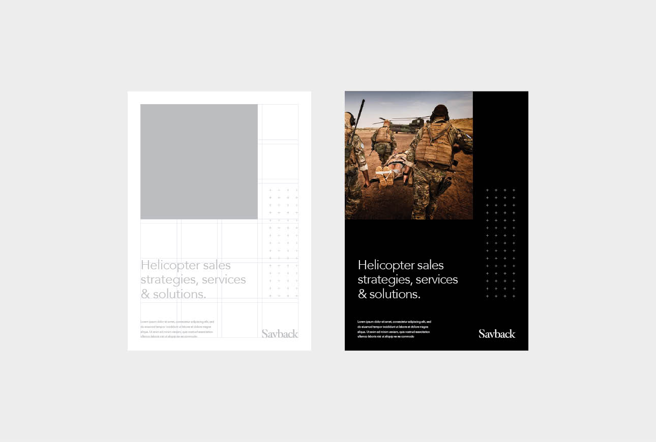Savback helicopter sales brochure design with modern aviation branding