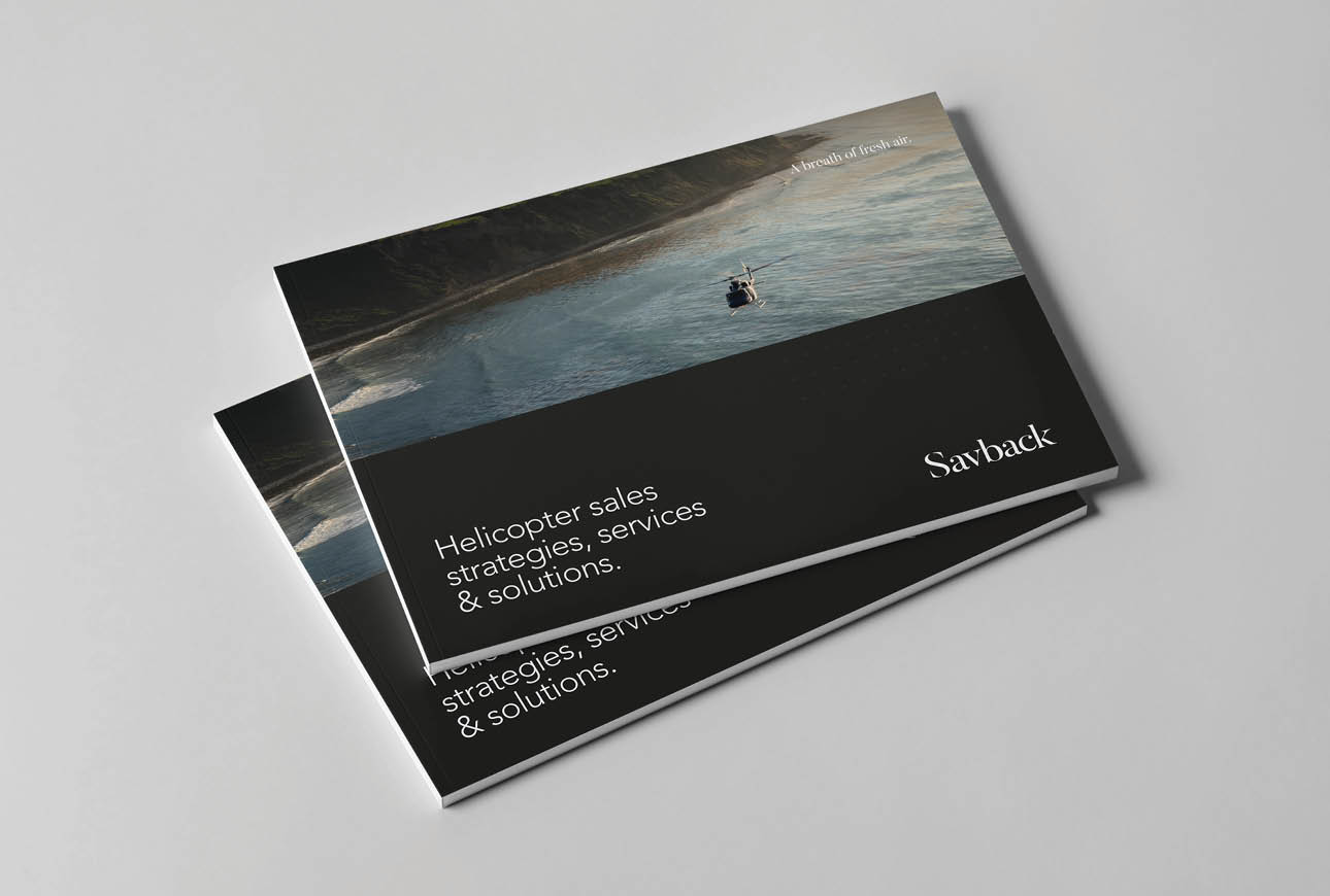 Savback helicopter sales brochure design with modern aviation branding