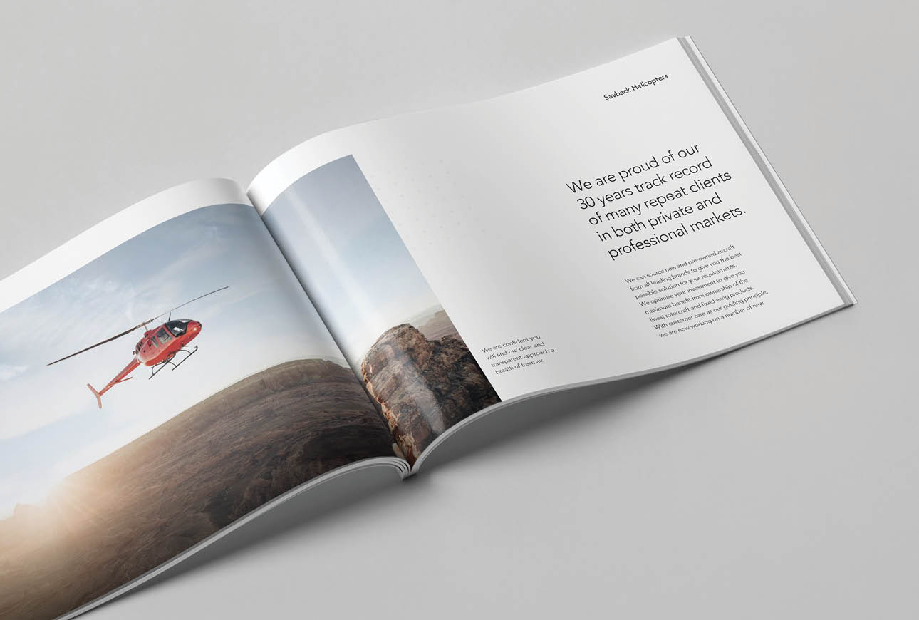 Savback helicopter sales brochure design with modern aviation branding