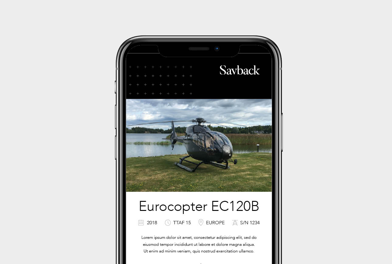 Savback mobile website design showing helicopter sales and aviation solutions