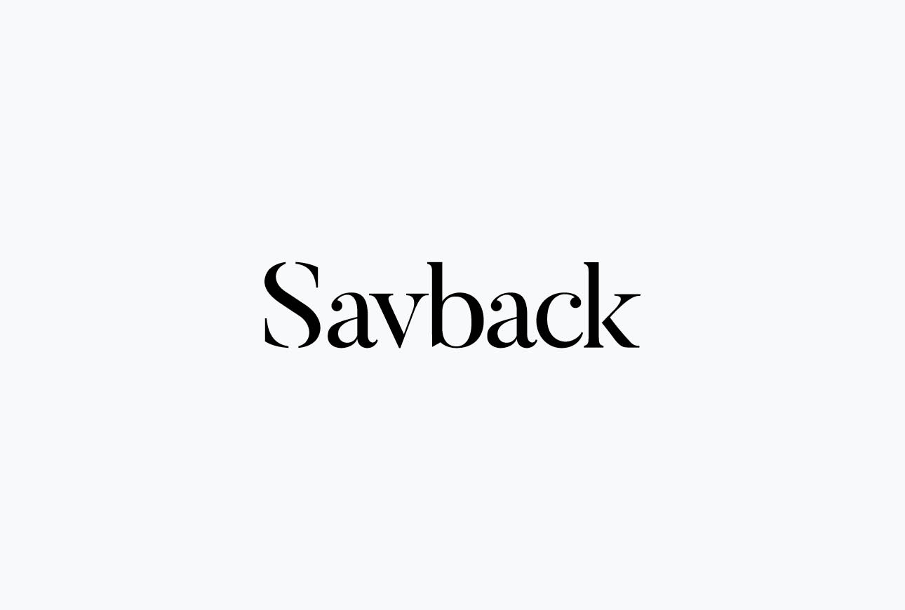 Savback logo design featuring refined serif typography on black background conveying luxury aviation brand identity