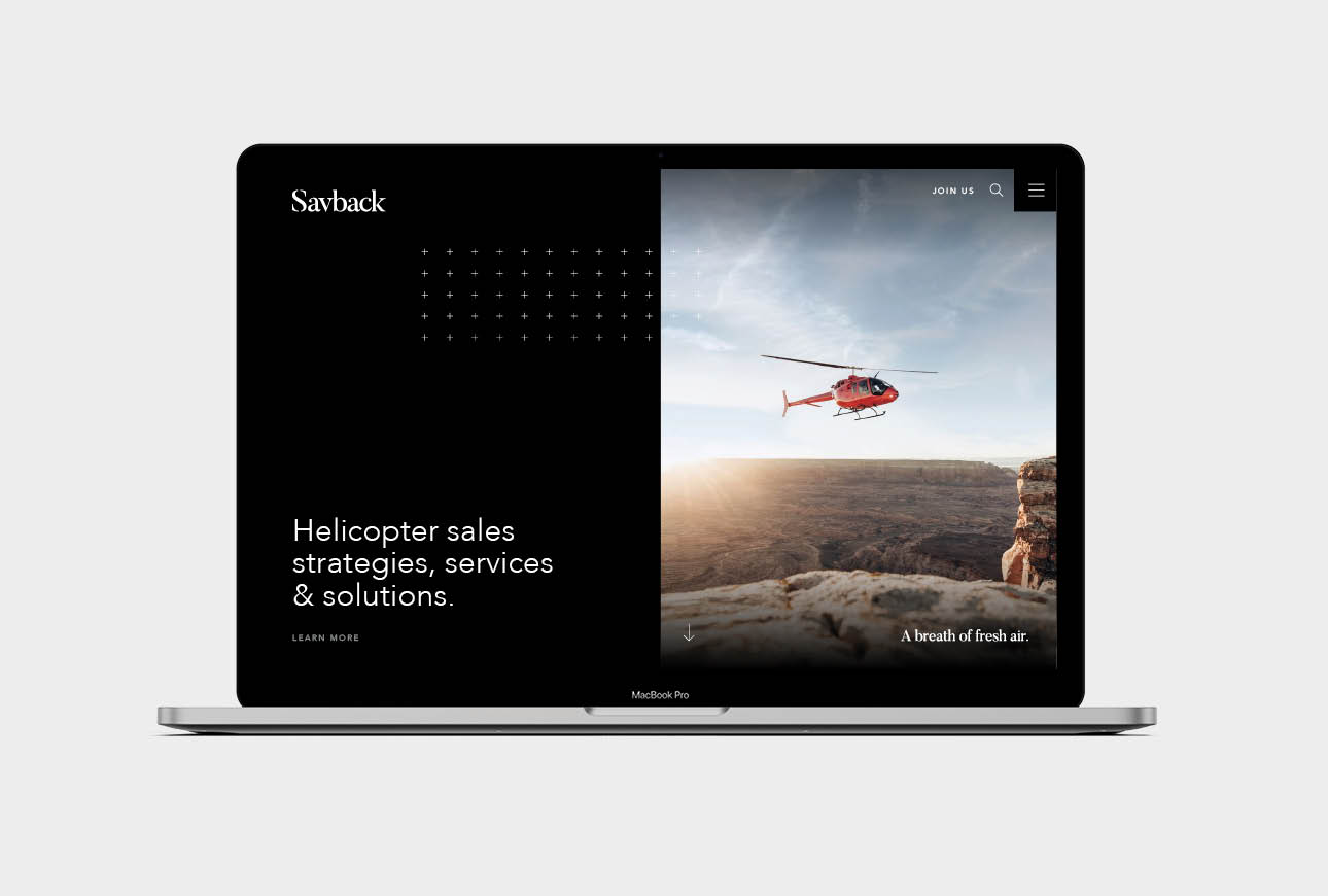 Savback helicopter sales website homepage showcasing aviation solutions and services