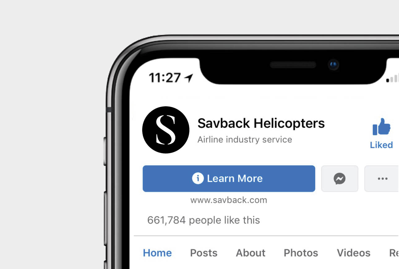 Savback helicopters social media page on mobile showcasing aviation company profile
