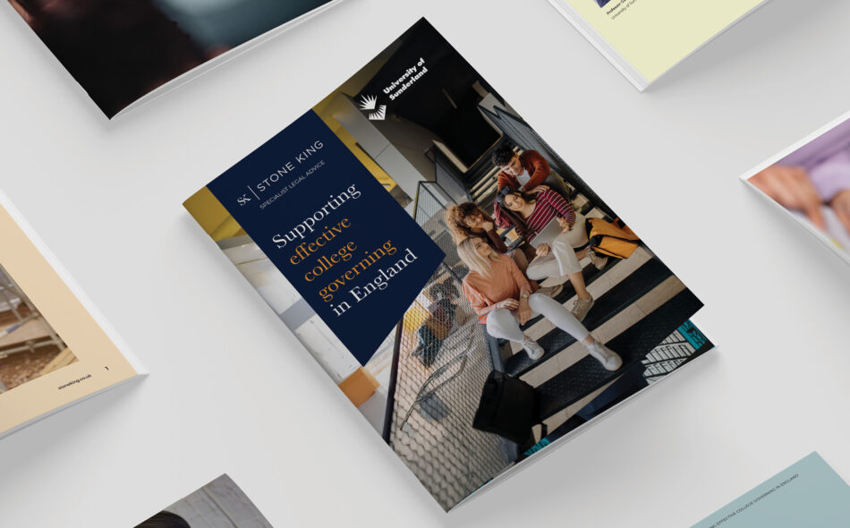 Printed brochure cover titled “Supporting effective college governance in England” featuring a group of students seated on steps, produced by Stone King specialist education and governance lawyers.