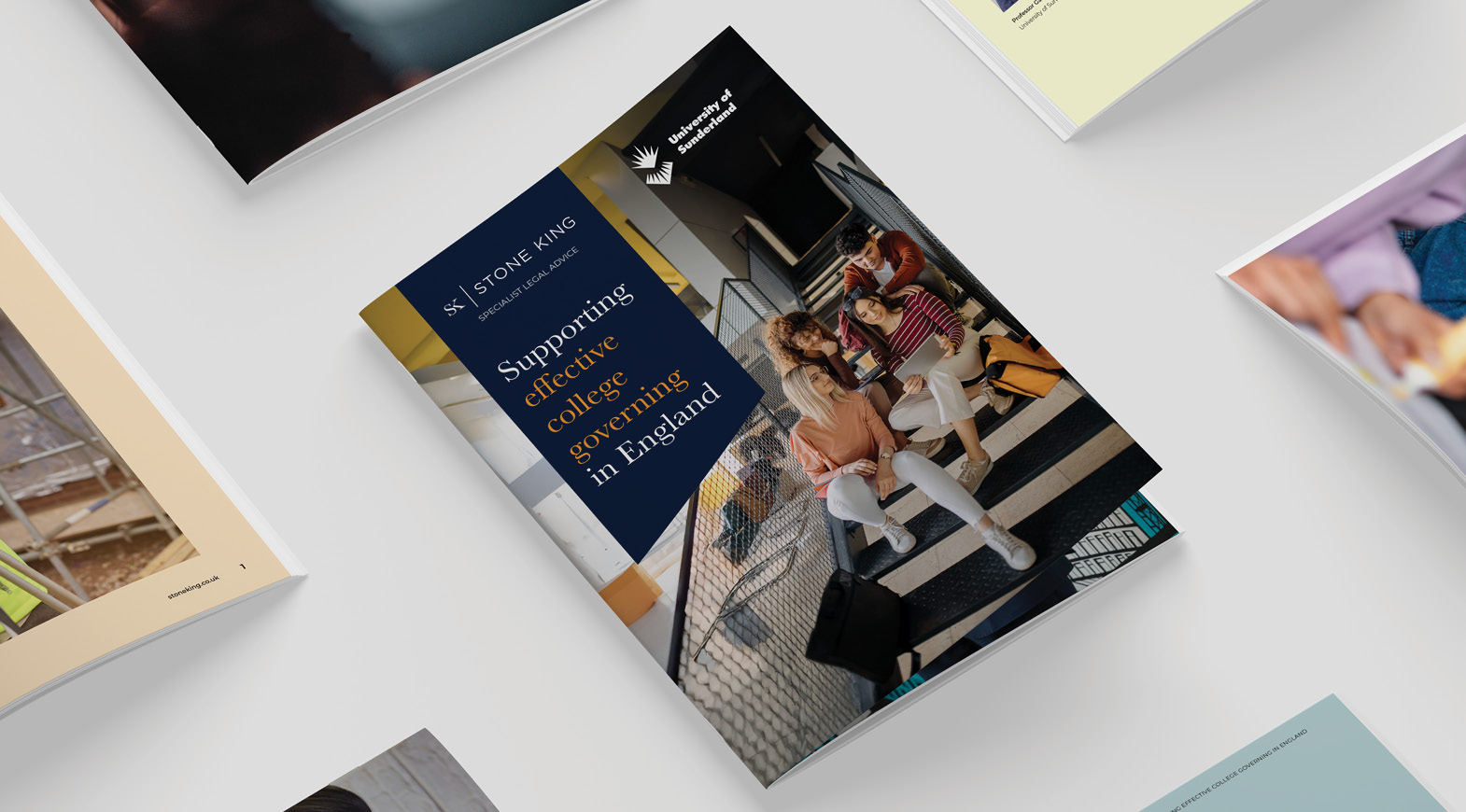 Printed brochure cover titled “Supporting effective college governance in England” featuring a group of students seated on steps, produced by Stone King specialist education and governance lawyers.