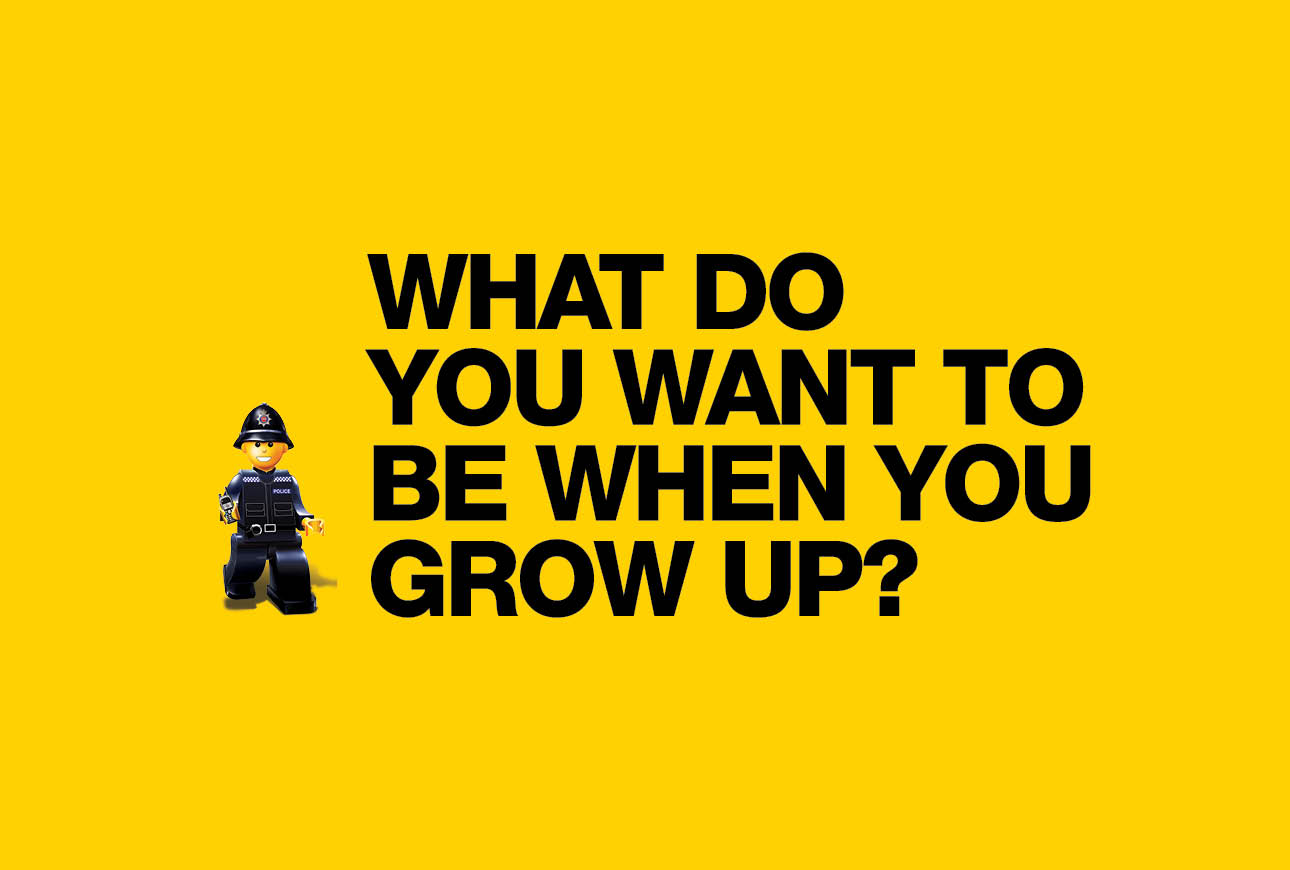 What do you want to be when you grow up police campaign graphic with toy officer on yellow background