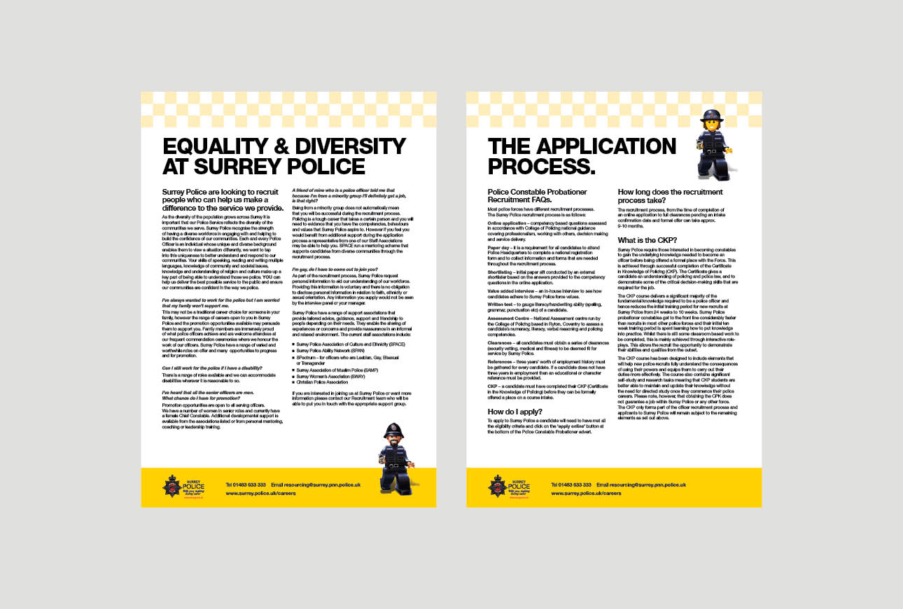 Surrey Police recruitment pages showing equality and diversity information and application process details