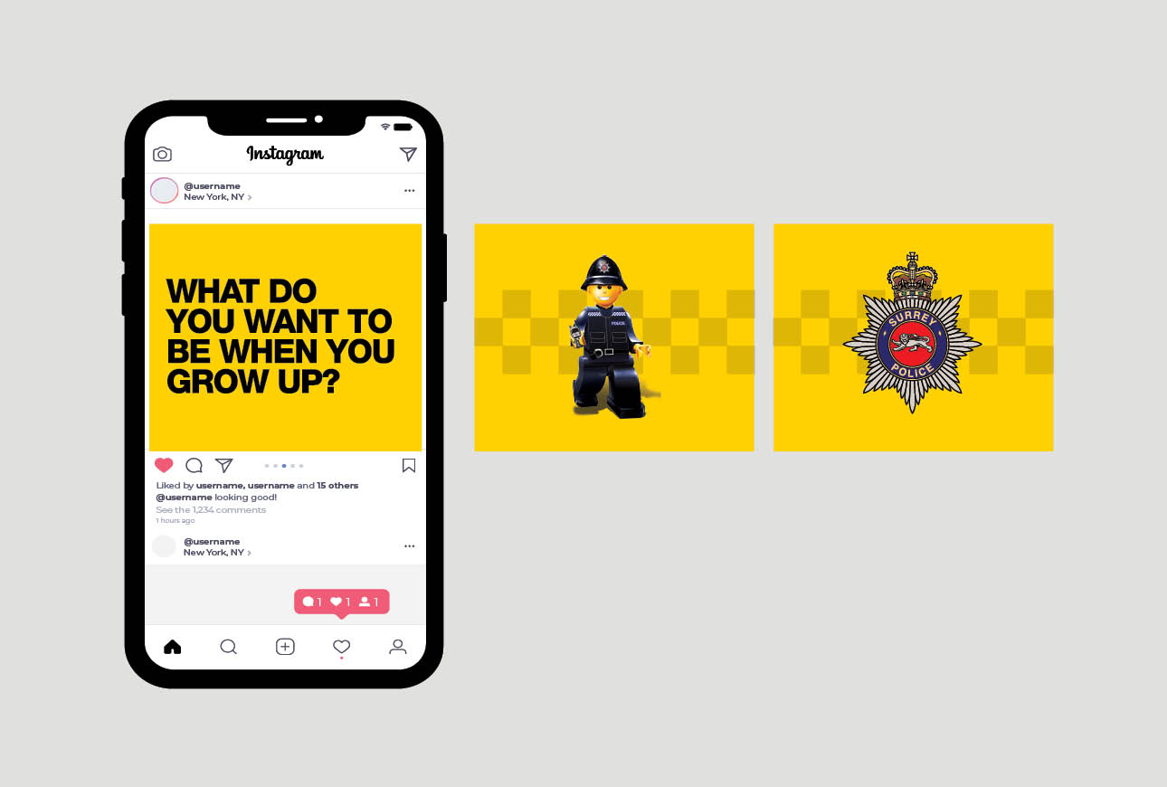 Surrey Police Instagram campaign mockup showing recruitment post, toy officer figure and police crest graphics