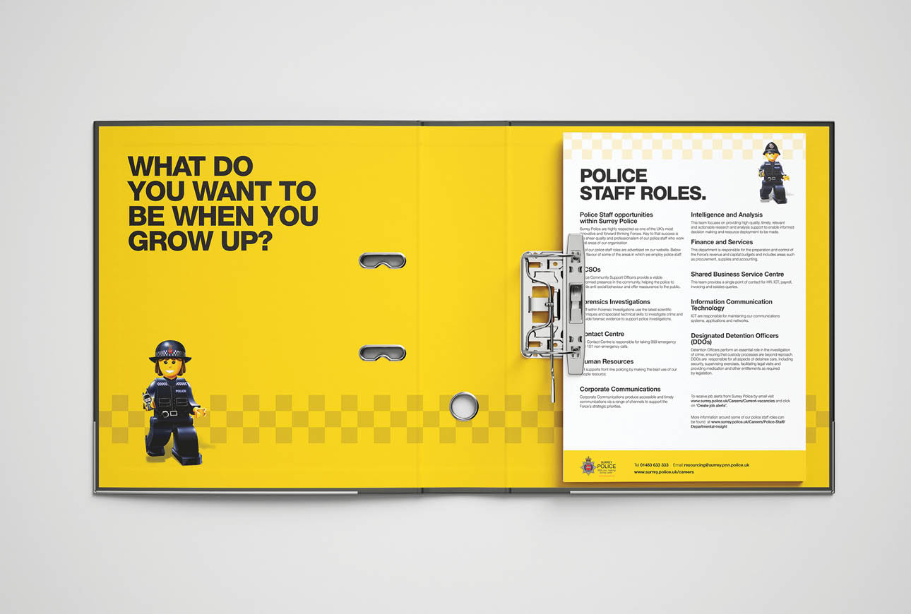 Surrey Police recruitment brochure folder showing police staff roles and toy officer on yellow background