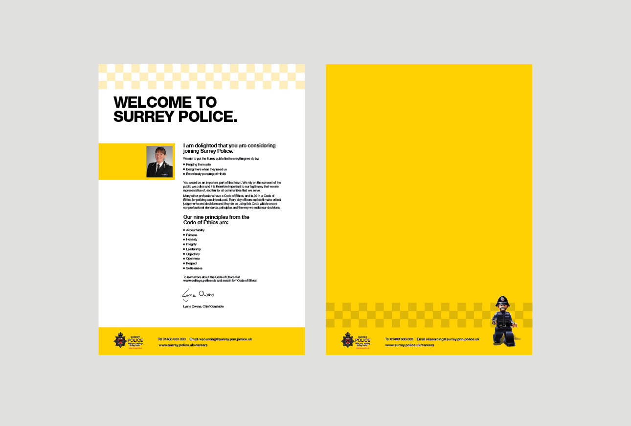 Surrey Police welcome brochure page with message and yellow campaign back cover design