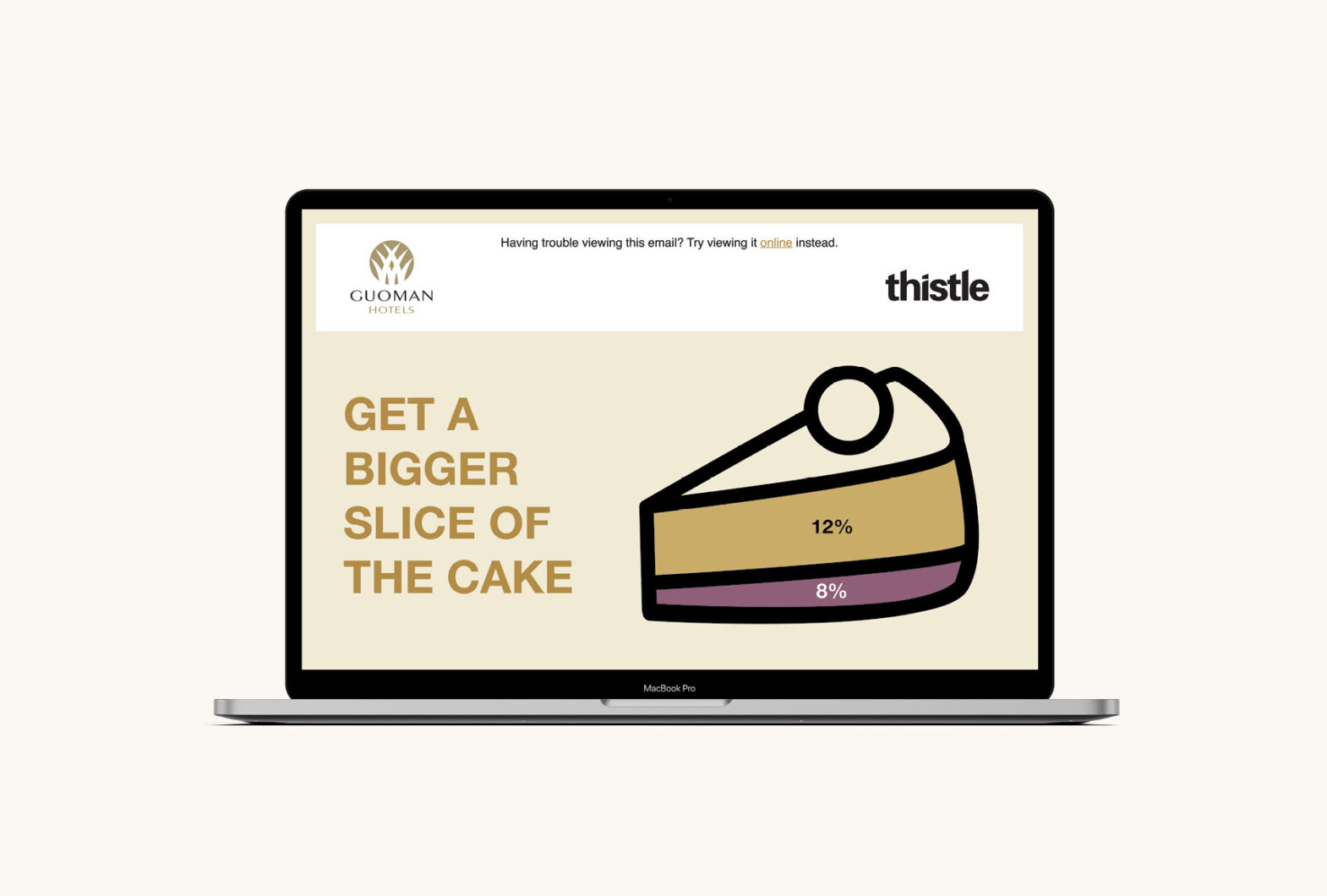 Thistle and Guoman Hotels email marketing campaign displayed on laptop promoting higher commission