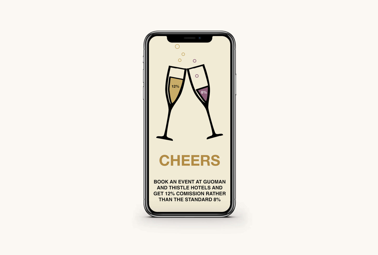 Mobile advertising design for Thistle and Guoman Hotels showing Cheers campaign and 12 percent commission offer