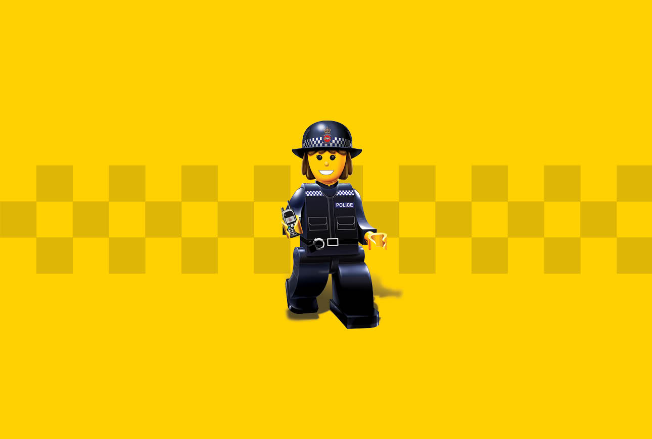 Toy police officer figure holding radio on yellow checker background UK police themed graphic
