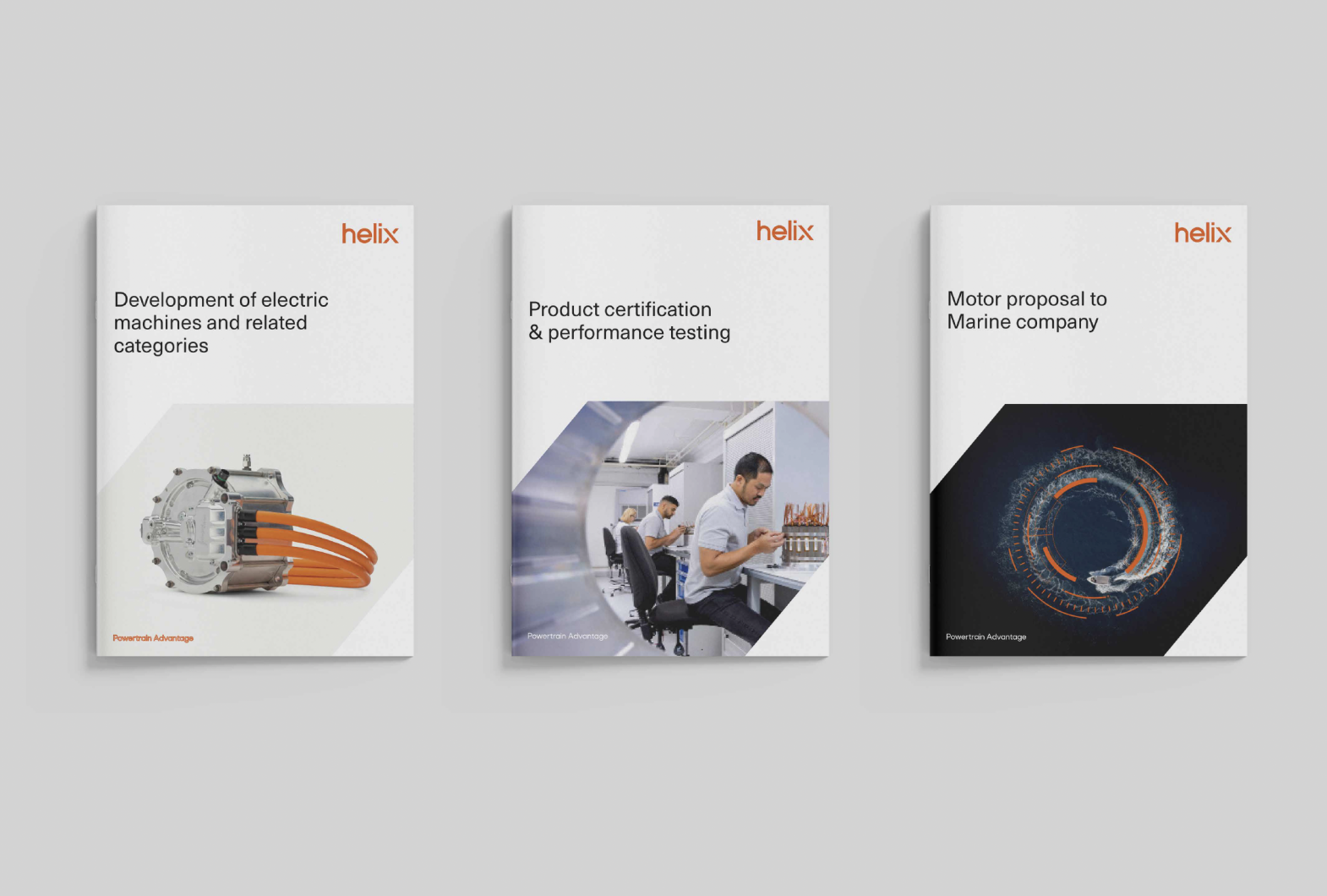 Printed marketing materials for Helix electric motor branding campaign