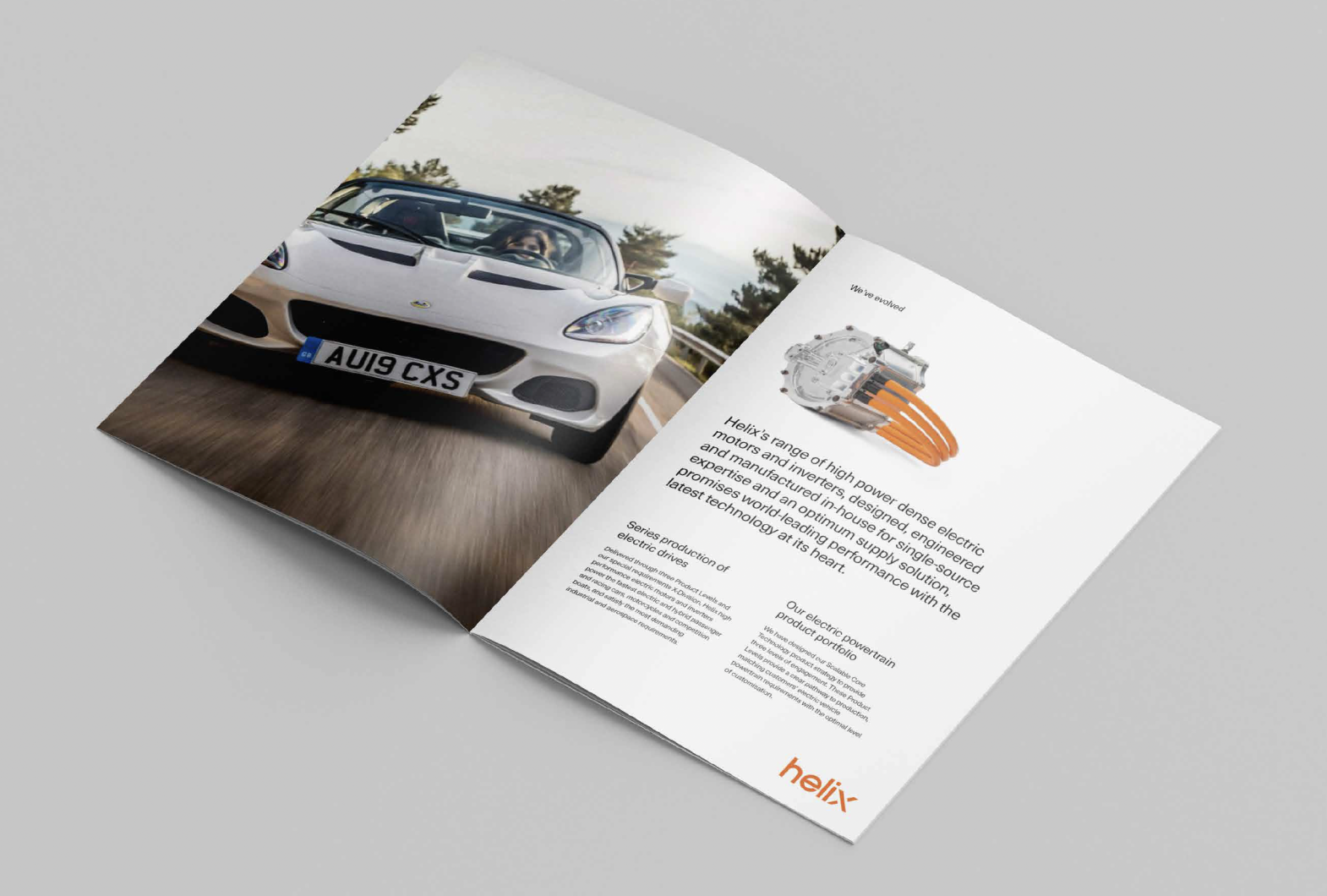 Printed marketing materials for Helix electric motor branding campaign