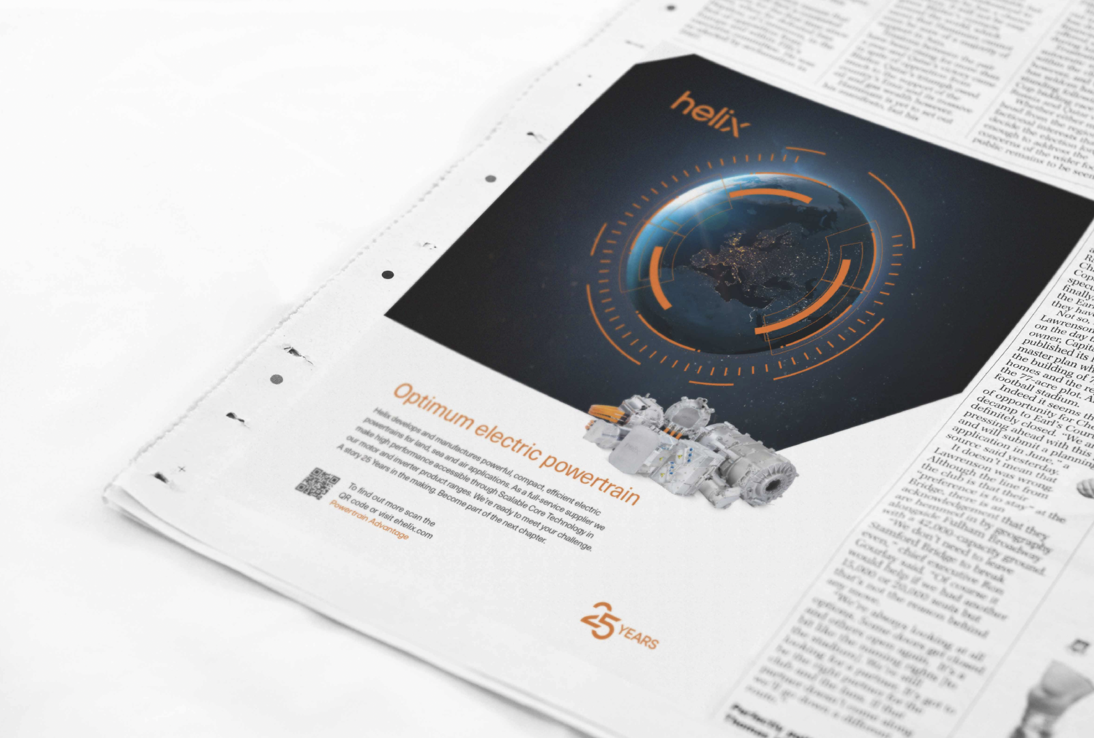 Helix advertising visuals promoting electric motor technology and performance